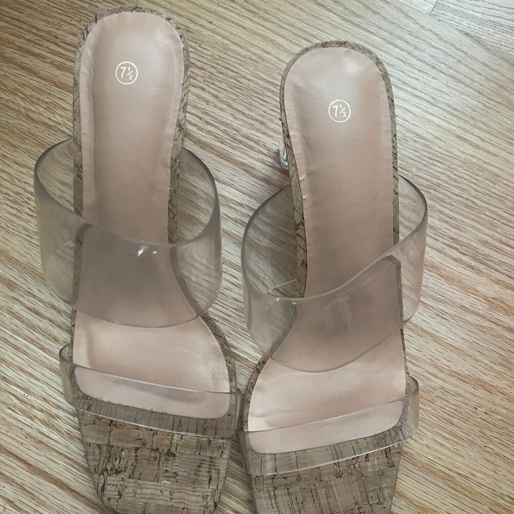Schutz Victorie clear strap and cork heel sandals - size 7 1/2